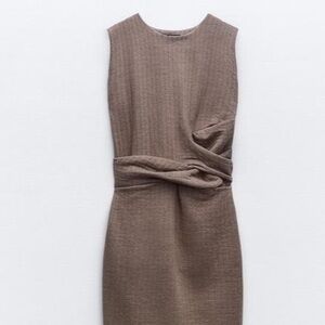 Never worn -ZARA Sleeveless Tie-Waist Midi Dress – Brown Houndstooth